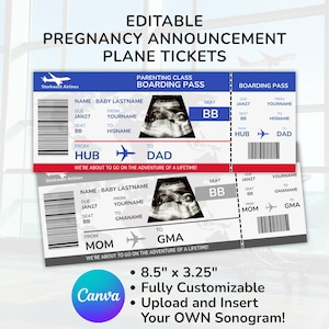 Puede incluir: Dos billetes de avión editables para un anuncio de embarazo. Los billetes son azules y blancos con el texto "Parenting Class Boarding Pass" y "Storkwest Airlines". Los billetes incluyen espacio para una imagen de ecografía y detalles personalizados. Los billetes miden 21,6 cm x 8,3 cm.