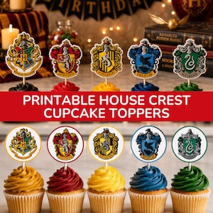 Peut inclure: Un ensemble de dix décorations pour cupcakes représentant les quatre blasons des maisons de la série Harry Potter, incluant Gryffondor, Poufsouffle, Serdaigle et Serpentard. Les décorations sont sur des cupcakes au glaçage coloré.