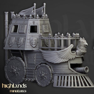 May include: A detailed, gray miniature fantasy train with castle-like features. The train has large wheels, a cannon, and a griffin head with wings. The design includes shields, flags, and a decorative railing. The Highlands Miniatures logo is visible.