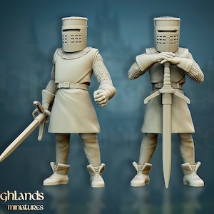 May include: Two miniature figures of medieval knights. Each knight is clad in armor, including helmets with visors, chainmail, and tunics. One knight holds a sword at the ready, while the other rests their hands on a sword. The figures are in a neutral color.