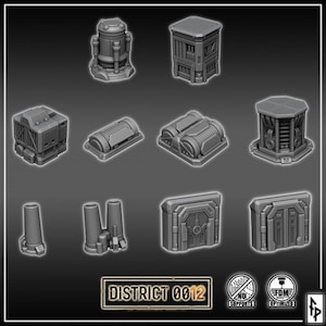 May include: A collection of gray, futuristic-looking miniature structures, including cylindrical tanks, rectangular buildings, and industrial-style doors. The text "DISTRICT 0012" is displayed at the bottom.