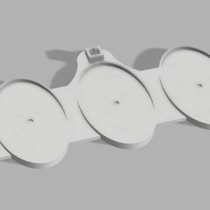 May include: A 3D-rendered, off-white, multi-disc holder. The holder features five circular platforms connected by a flat, rectangular base. Each platform has a central hole. A small, rectangular tab extends from the base.
