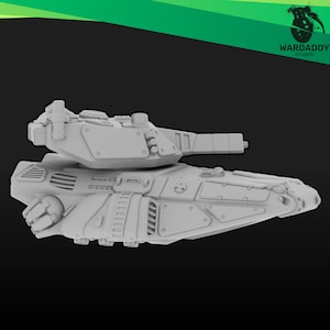May include: A light grey unpainted resin miniature of a futuristic tank featuring a sleek, angular hull, a rotating turret with a long barrel, side-mounted thrusters, and detailed paneling. The model is presented against a dark background.