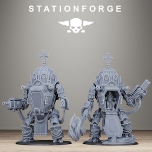 May include: Two grey resin miniature robot figures with dome-shaped tops, cross finials, and coffin-shaped chest compartments. One figure is closed, the other is open revealing a pilot. Both feature mechanical limbs, hoses, and heavy weaponry.
