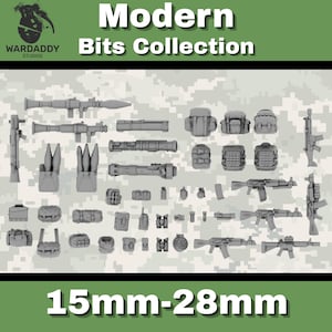 May include: A collection of grey miniature plastic accessories including various rifles, rocket launchers, backpacks, and pouches. The text Modern Bits Collection and 15mm-28mm is visible. These small scale items are designed for tabletop gaming models.