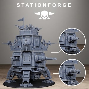 May include: A gray resin miniature of a multi-level sci-fi tank with a large main cannon, multiple side-mounted turrets, and small soldier figures on the top deck. The text STATIONFORGE and a skull logo appear above the vehicle model.
