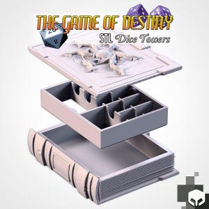 May include: A three-part 3D printed dice tower shaped like a book, featuring a top cover with a relief design, a middle section with internal dividers, and a bottom base. The text THE GAME OF DESTINY STL Dice Towers is visible above.