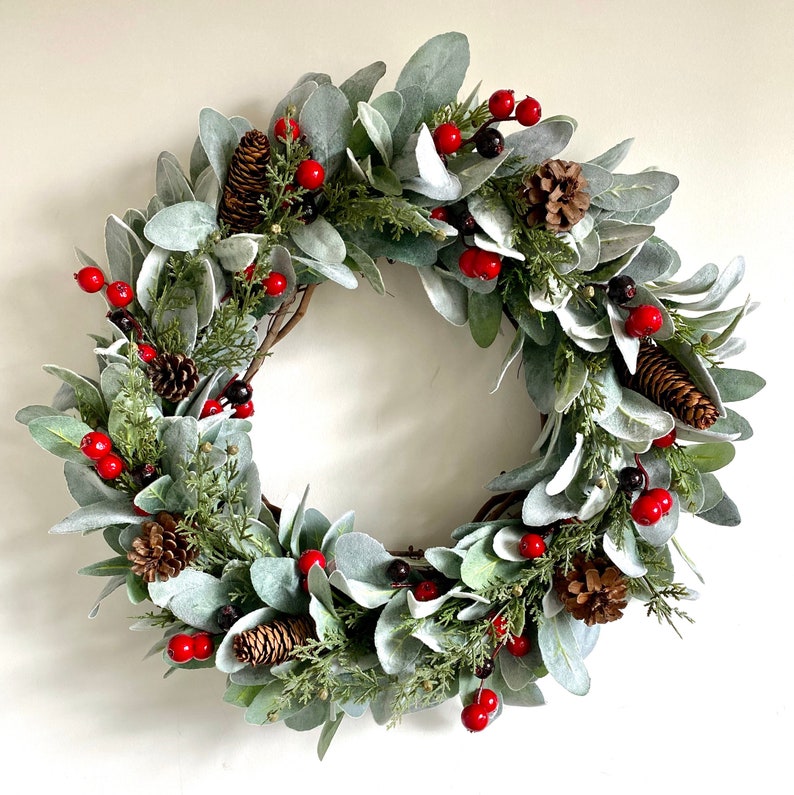 Winter Lambs Ear Wreath with Red Berries Pinecone Wreath Etsy
