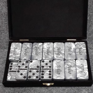 Personalized DOMINOES laser engraved Silver  tournament size black dots with spinners