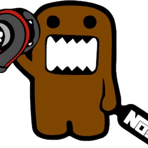 May include: A brown cartoon character with a large mouth and black eyes, holding a black and red nitrous oxide bottle in its right hand. The character is wearing a black outline and has a white 'NOS' label on its left arm.