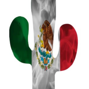 May include: A cactus shaped like the Mexican flag. The cactus is green, white, and red with a coat of arms in the center.