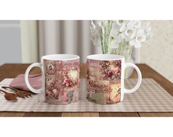 Romantic valentines pink rose lovers musical ephemera decoupage artisitc shabby chique rustic bohemian nostalgic vintage ceramic mug gift