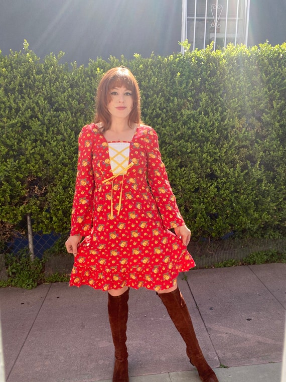 60s Gunne Sax style peasant lace up dress