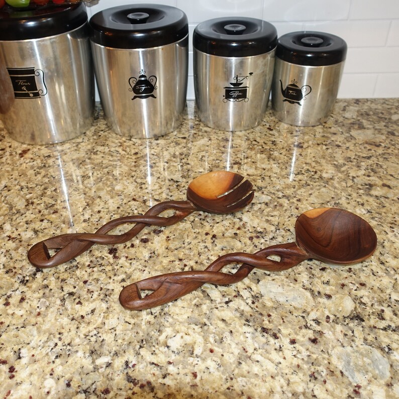 Wood Salad Serving Utensil Set Wooden Salad Tosser Carved Etsy