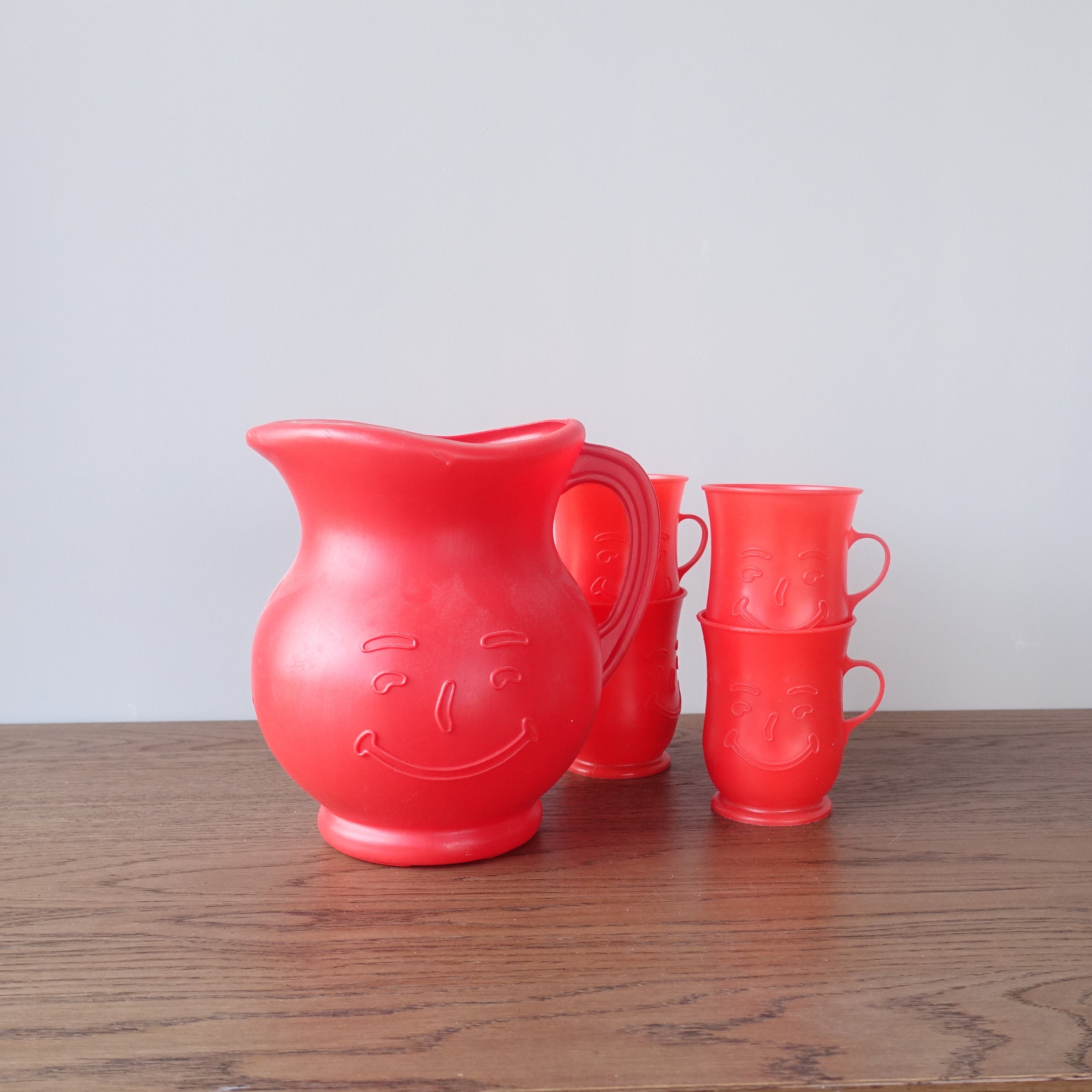KoolAid Man Red Plastic Pitcher With 4 Matching Plastic Mugs Etsy