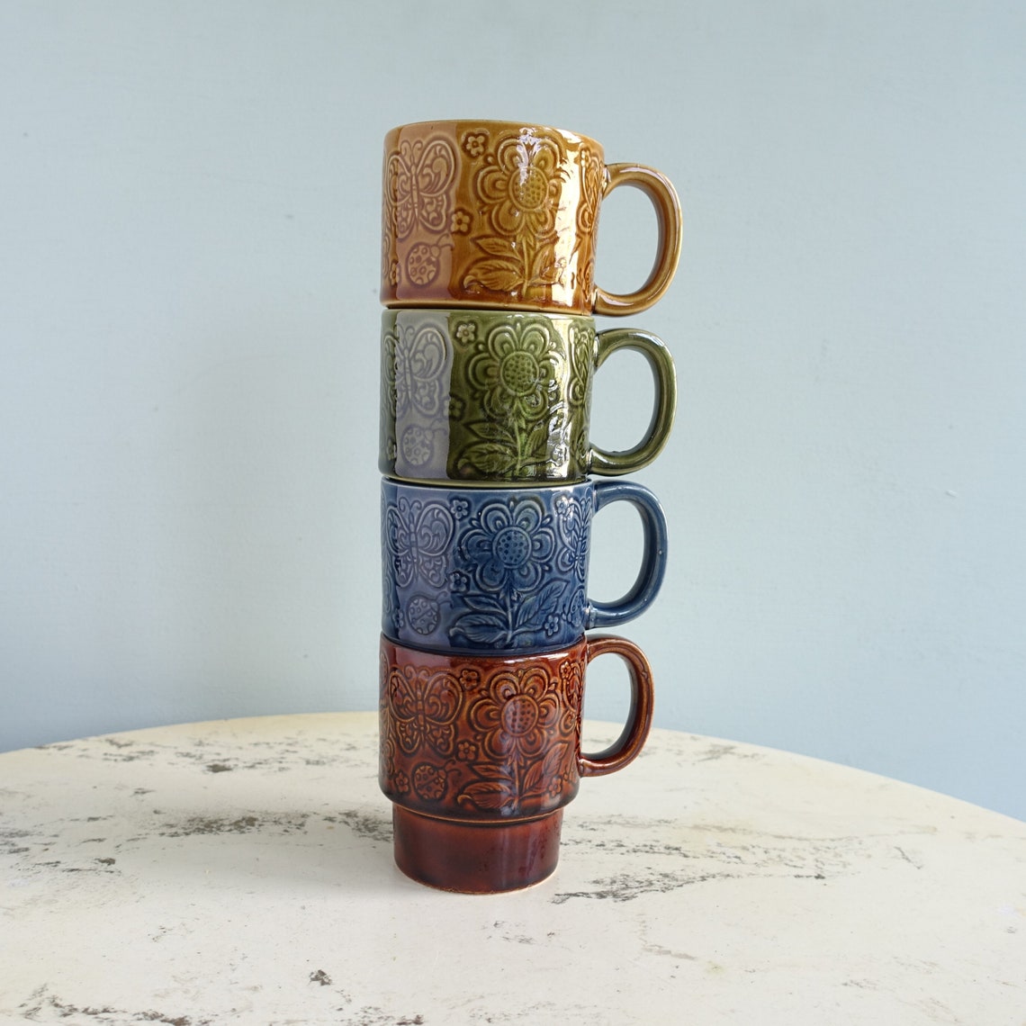 Vintage Coffee Mugs Set of 4 Stoneware Stackable Coffee Cups Etsy