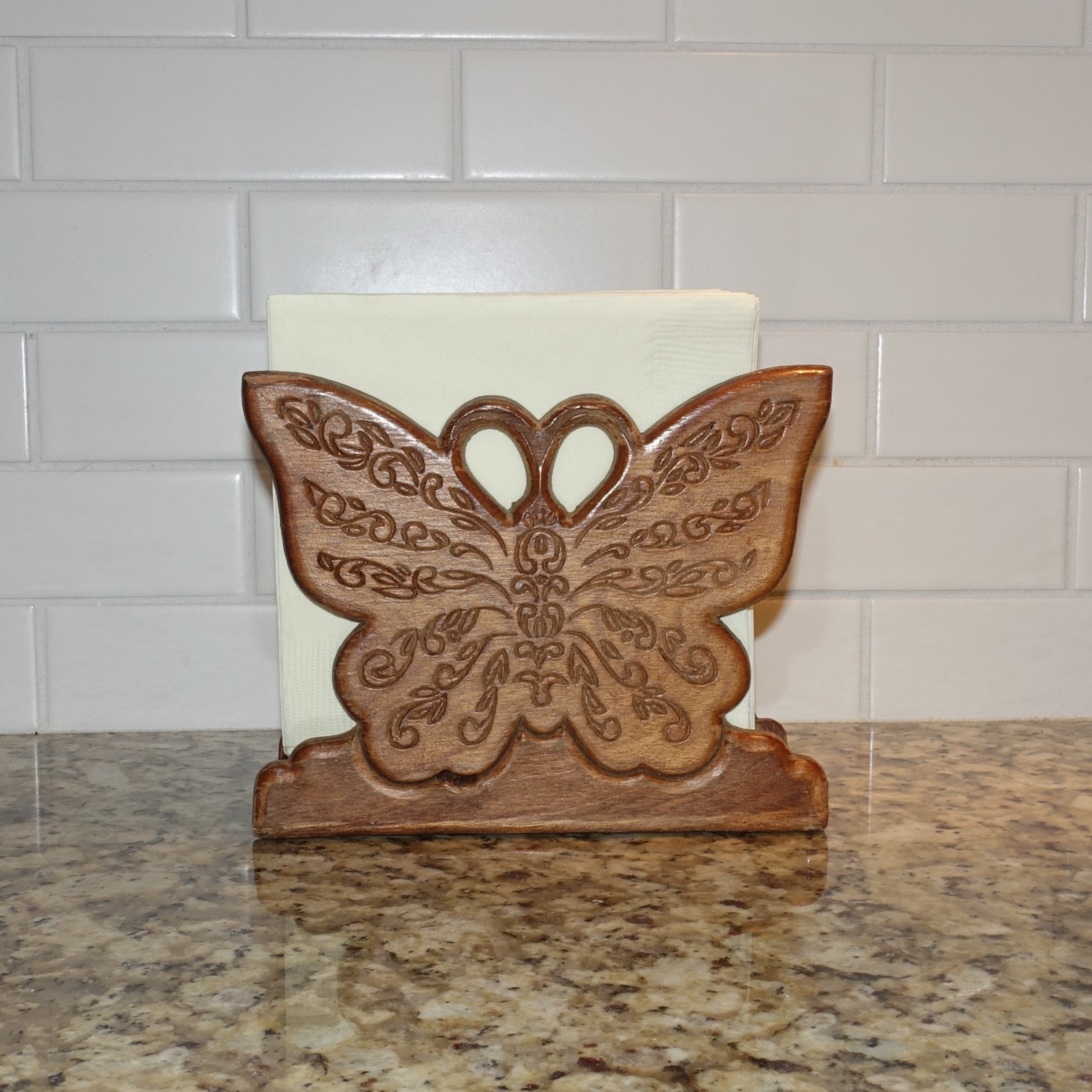 Vintage Butterfly Napkin Holder Wood Hand Carved Napkin Etsy