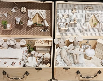 Großer Puppenhaus Koffer1:12 | Vintage Miniatur Puppenhaus | Koffer für Maileg Mäuse｜Kind Geschenk Box｜Leinen Puppenhaus Spielzeug｜Maus Puppen Familie