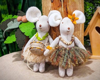 Dollhouse Mouse｜Mouse Hawaii  linen mouse toy｜Mouse family doll｜Miniature doll｜Mice stuffed doll｜Fabric doll｜Tilda mouse｜Soft Mouse｜Mice toy