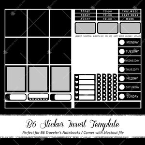 Könnte beinhalten: Schwarz-weiß druckbare Sticker-Einsatzvorlage für B6 Traveler's Notebooks. Die Vorlage enthält Abschnitte für "Heute", "To-Do", "Diese Woche", "Nächste Woche", "Arbeit", "Dringend", "Einkaufen", "Mülltag", "Zahltag", "Glückliche Post", "Wäsche", "Staubsaugen" und einen Wochenkalender mit Kontrollkästchen für jeden Tag der Woche.