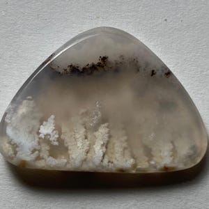 May include: A polished, triangular gemstone with a translucent, milky base. The stone features delicate, white, tree-like inclusions and small, dark brown spots near the top edge. The overall color palette is soft, with shades of white, beige, and brown.