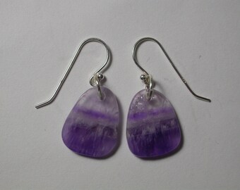 Chevron Amethyst slices Dangle/Drop Earrings with Silver rings and surgical steel Hooks, 19mm x 15mm x 3mm