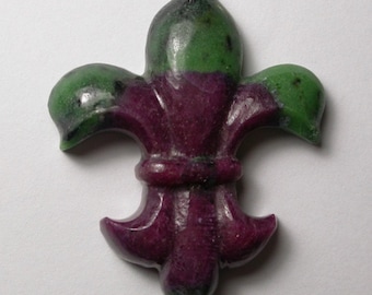 Fleur De Lis, Ruby in Zoisite, gemstone carving, 46mm x 39mm x 9mm