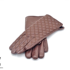 Quilted Women Luxury Gloves | REAL Leather Brown Diamond Design Gloves | TOUCHSCREEN Gloves |  Ladies Girl Winter Christmas Gift for Her