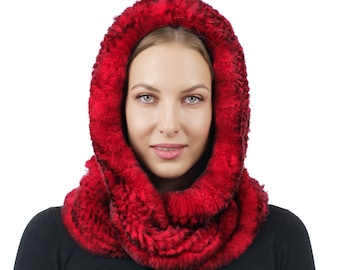 REAL Rex Rabbit knitted Fur Red Color Winter Hood-Scarf | Natural Soft Neck Warmer Wrap | Women Scarf Collar | Genuine Fur Gift for Her