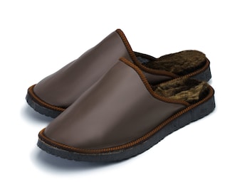 Handmade Leather Slippers Men | Wool Interior, Warm Indoor Mules