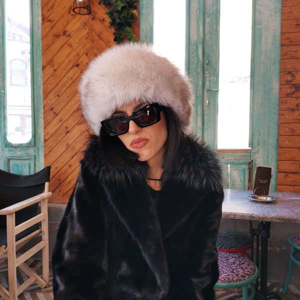 Natural Blue Fox Fur Hat With Leather Top | Women Real Fox Fur Mongolian Style Hat  | Winter Fur Hat For Woman | Genuine Fur Gift for Her