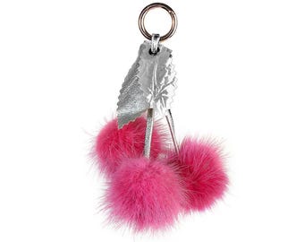 Pink Mink Fur Cherry Keychain | Handmade Plush Bag Charm