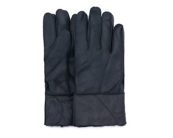 Men's Handmade Sheepskin Shearling Gloves Blue Black Color | Handmade Winter Gloves Real Leather & Fur | Gift For Him | Gift For Father