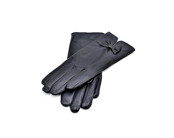 Women&#39;s Bow Detail Touchscreen Leather Gloves