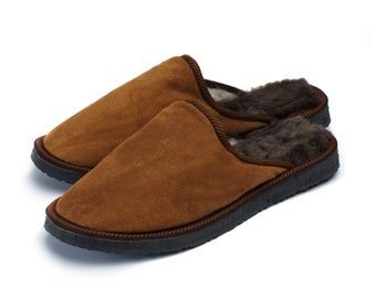 Pantoufles en cuir et daim pour hommes | Intérieur en laine de mouton fait main
