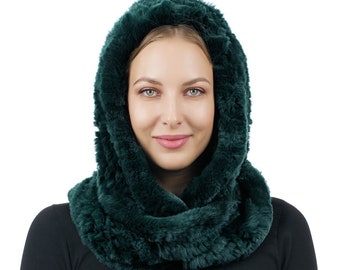 REAL Rex Rabbit knitted Fur Dark Green Color Winter Hood-Scarf | Natural Soft Neck Warmer Wrap | Women Scarf Collar | Fur Gift for Her