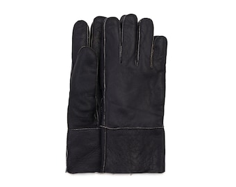 Men's Handmade Sheepskin Shearling Black Gloves With Fur Lining | REAL Leather & Fur Winter Gloves | Gentlemen Father Warm Men Gift