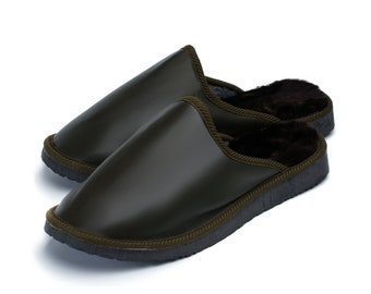 Olive Oil Leather Men's Slippers | Handmade Wool Interior Mule