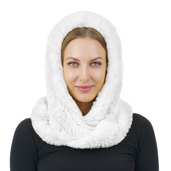 Handmade White Rex Rabbit Fur Hood Scarf Winter Neck Warmer
