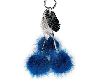 Blue Mink Fur Pompom Keychain | Handmade Plush Bag Charm