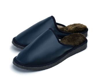 Handmade Leather Slippers Men | Sheepskin Wool Lined, Warm Mules