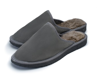 Handmade Gray Leather Men's Slippers | Sheepskin Wool Interior