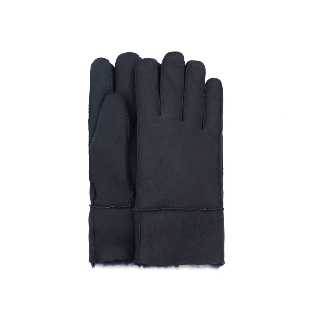 Sheepskin Shearling Fur Lined Gloves Women Blue Black Leather Gloves
