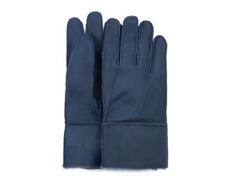 Schapenvacht Shearling bont gevoerde handschoenen | Dames blauwe Marin leren handschoenen | Warm en gezellig wintercadeau voor haar | Handschoenen van 100% bont | Handgemaakt