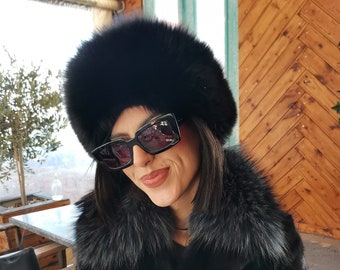 Black Blue Fox Fur Hat With Leather Top | Women Real Fox Fur Mongolian Style Hat  | Winter Fur Hat For Woman | Genuine Fur Gift for Her