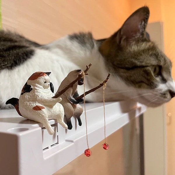 Chat pêcheur - Figurines miniatures de chat pêcheur - Env. 3-4 cm de haut - Magnifiquement détaillé - Jolie figurine de chat