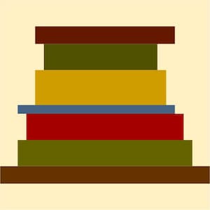 May include: A stack of five rectangular blocks in different colors: brown, green, yellow, blue, and red. The blocks are arranged from largest to smallest, with the brown block on top.