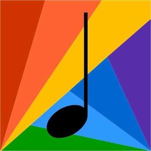 May include: A black musical note on a colorful background with shades of red, orange, yellow, green, blue, and purple.