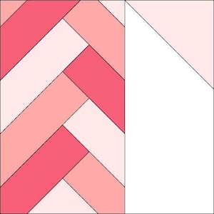 May include: A quilt block pattern with a diagonal herringbone design in shades of pink and white. The block is divided in half, with the herringbone pattern on the left and a white triangle on the right.
