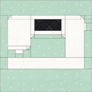 Könnte beinhalten: Ein Quiltblockmuster mit weißem Hintergrund und hellgrünem Rand. Die Mitte des Blocks ist ein schwarzes Rechteck mit weißem Rand. Der Block ist in kleinere Quadrate und Rechtecke unterteilt.